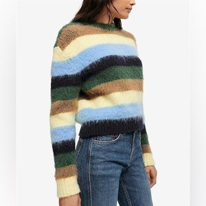 Maje Multi-Color Fuzzy Stripe Sweater - Blue, Green, Cream, Brown, Black